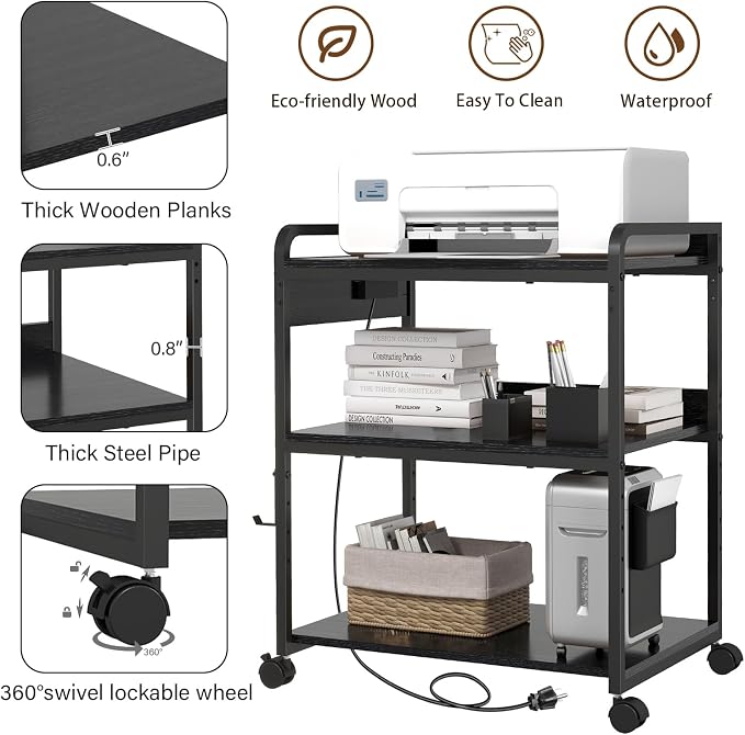 Livofloral Printer Stands with Charging Station, 25.2 x 18.9 Inch Large Printer Stand with Wheels for Home Office, 3 Tier Printer Table with Power Outlet USB Port, Printer Shredder Stand, Black