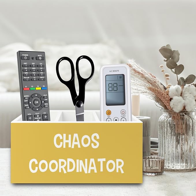 Chaos Coordinator Yellow Pen Pencil Holder Organizer for Desk, Thank You Gifts for Women Men Coworkers Boss Leader Manager, Appreciation Gifts Wooden Box Sign for Office Tabletop Decorations