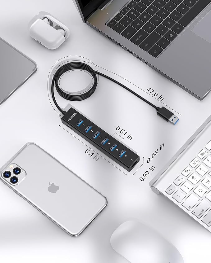 FORIDA Aluminum Alloy 8 Port USB Hub Long Cable USB Splitter with 7-USB3.0 Data Ports and TypeC 5V/3A Power Port Compatible with MacBook, Laptop,Surface Pro, PS5, PC and More (Black, USB A-47in)