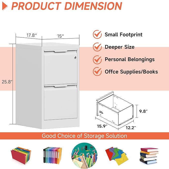 Metal Filing Cabinet with Lock,Vertical File Cabinet 2 Drawer,White File Cabinet with Lock for Home Office/Legal/Letter/A4,Lockable File Cabinets for Hanging File -Assembly Required