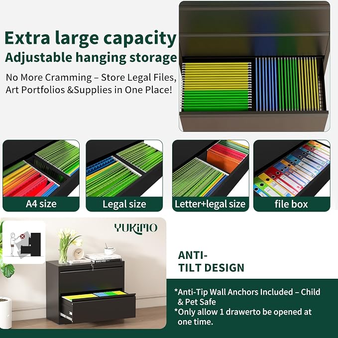 2 Drawer Lateral File Cabinet with Lock, 26.77“W File Cabinets for Home Office Legal/Letter A4 Size, File Cabinet Storage Cabinet,Require Assembly, Black