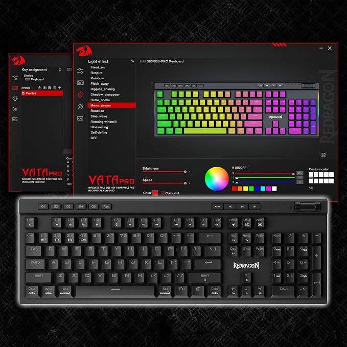 Redragon K580 PRO Wireless RGB Gaming Keyboard, 3-Modes 104 Keys Mechanical Keyboard w/Hot-Swap Socket, Dedicated Media Controls & Onboard Macro Recording, Linear Red Switch