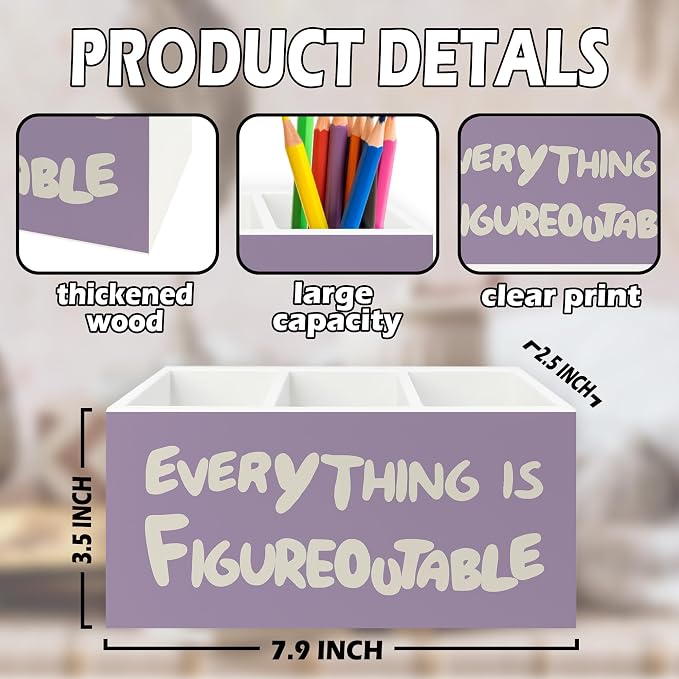 Purple Inspirational Pen Pencil Holder Organizer for Desk, Inspirational Gifts for Women, Everything Is Figureoutable Motivational Wooden Box Sign for Home Office Desk Tabletop Decorations