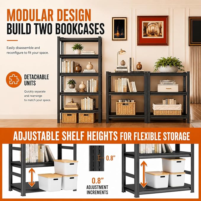 Modern Metal Book Shelf, Heavy Duty Black Bookshelf, Bolt-Free Deep Bookcase for CDs Movies Garage Kit, Adjustable Bookshelf in Living Room, Bedroom, Kitchen, Office, 36" W x14 D x32 H
