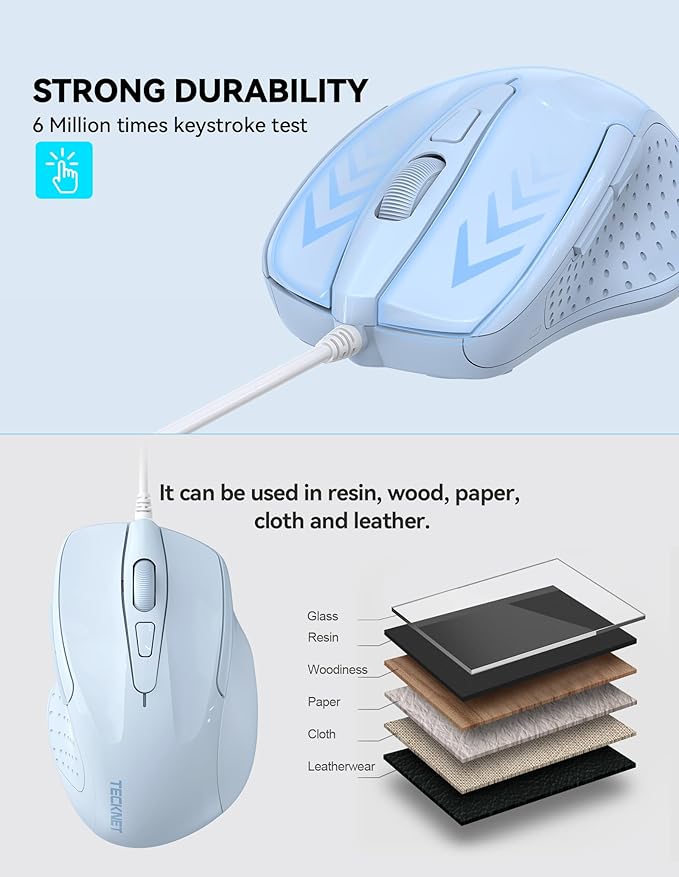 TECKNET Wired Mouse, 6-Button Corded with 4 Adjustable DPI, Optical Mouse with Ergonomic Design and 5FT Cord for Laptop, Chromebook, PC, Desktop, Mac, Notebook - LT.Blue