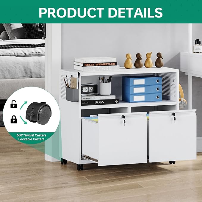 Letaya Mobile 2 Drawer File Cabinet with Lock, Metal Lateral Printer Stand Filing Storage Cabinets with Shelves for Home Office-A4/F4/Letter (White)