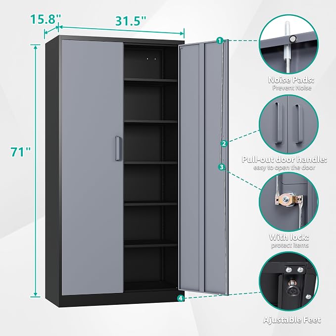 SISESOL Metal Storage Cabinet with 5 Adjustable Shelves,Garage Storage Cabinet with Lock,Metal Cabinets with Locking Doors,71" Lockable Tool Cabinets for Home,Office,Shop,Garage