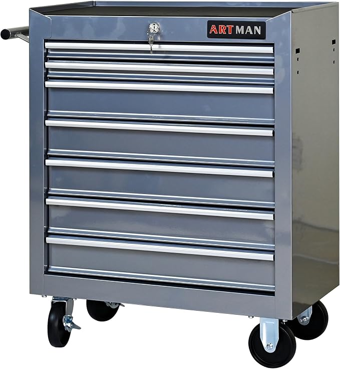 RYH 7 Drawers Rolling Tool Chest & Tool Box on Wheels | Heavy Duty Metal Cart with Ball Bearing Drawers | Fits US General Tool Box for Garage Storage (Silver, 7 Drawers（29.9" H × 24.2" W × 12.9" D)