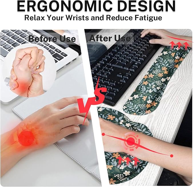 Britimes Green Florals Keyboard Mouse Pad Set Vintage Flower 4in1 Large Mousepad+Keyboard Wrist Rest+Mouse Wrist Rest+Coaster Ergonomic Design for Home Office Computer 35.4x15.7 inches
