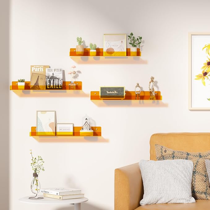 upsimples Acrylic Shelves for Wall Decor, 15" Display Shelf Perfume Organizer for Bathroom, Bedroom, Living Room, Floating Bookshelves for Kids, Clear Orange, 4 Pack