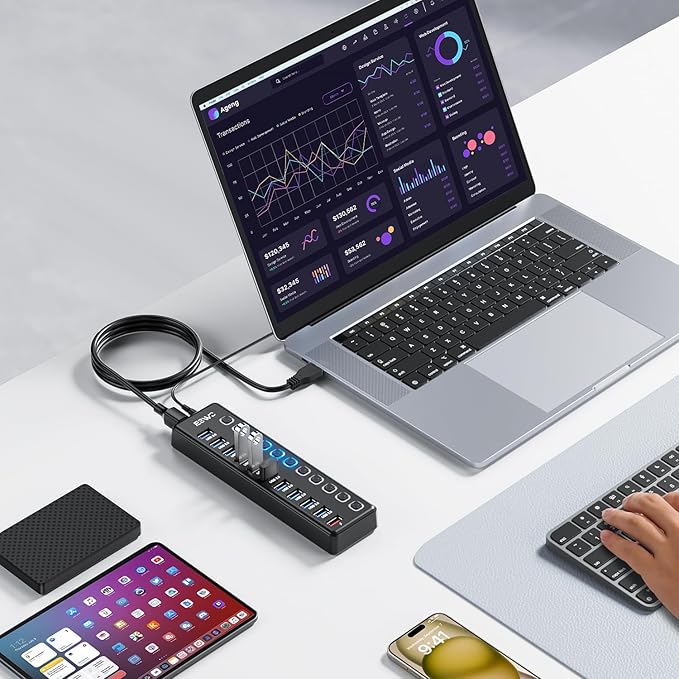 Powered USB Hub, JESWO 11 Port USB 3.0 Hub, 10 USB 3.0 Data Transfer Ports + 1 Smart Charging Port, USB Hub Powered with Individual LED On/Off Switches and 12V/3A Power Adapter