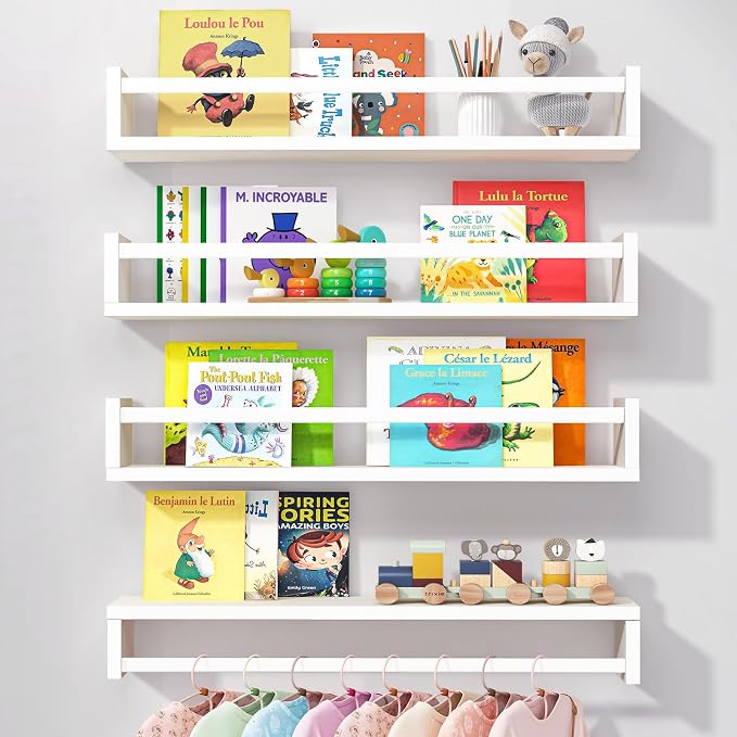Fixwal Nursery Book Shelves, 23.6 Inch Floating Bookshelves for Wall Set of 4, Baby Nursery & Playroom Decor, Solid Wood Wall Mounted Shelves for Books and Toys Storage (White)