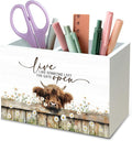 DILSJ Inspirational Highland Cow 2 Compartment Pen Pencil Holder Organizer for Desk, Highland Cow Gifts for Women, Live Like Someone Left The Gate Open Wooden Box Signs for Home Office Desk Decoration