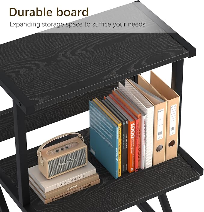 aboxoo Desktop Printer Stand with 3 Tier Wood Storage Shelves,Under Desk Printer Table,Multi-Purpose Home Office Desk Organizer for Fax Machine, Scanner (Black)