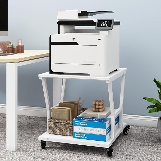 Natwind 2-Tier Large Printer Stand,23.6"x23.6"x29.5" Heavy-Duty Printer Table Cart with Paper Storage Shelf & Wheels,Ideal for Home Office Laser Printers, Copiers (White)