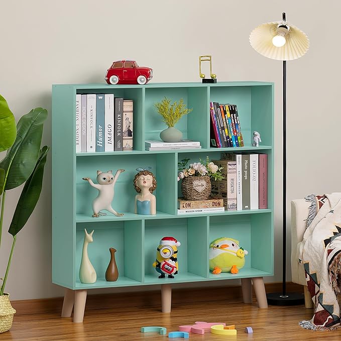LEYAOYAO 8 Cube Bookshelf 3-Tier Bookcase with Legs, Mint-Green Kids Book Shelf Cute Storage Organizer, Large Open Toy Shelves Modern Bookshelves,Display Bookcases for Bedroom,Living Room,Nursery