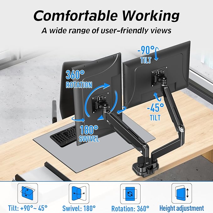 MOUNTUP Dual Monitor Mount Fits Max 39'' Screen, Ultrawide Dual Monitor Desk Mount Hold 4.4-33 lbs, Adjustable Gas Spring Double Monitor Arms, Computer Monitors Stand with USB, VESA Monitors Bracket