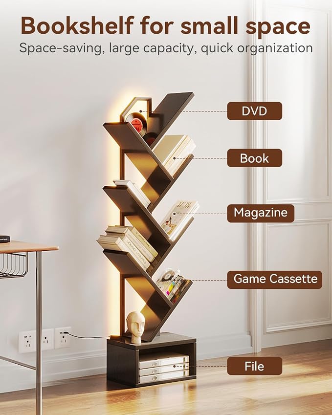 Casaottima 6-Tier Tree Bookshelf — Narrow Floor Standing Bookcase, Tall Steel & Wood Book Organizer Shelf with Cabinet, Home Decor for Living Room/Bedroom/Home Office, Black