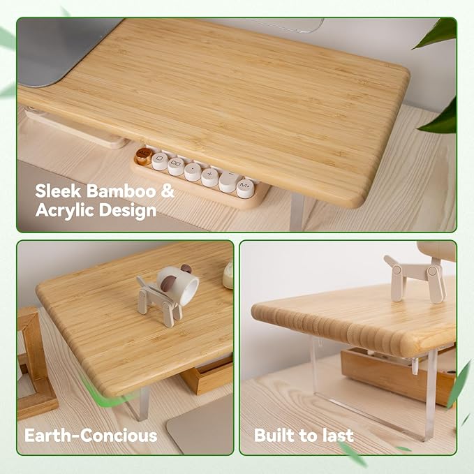 Bamboo Monitor Stand Riser with RGB Lights,31.5 Inches Desktop Shelf with Acrylic Legs Supports for Desk, PC Computer Monitor, Laptops, Printer, Speakers (Natural)
