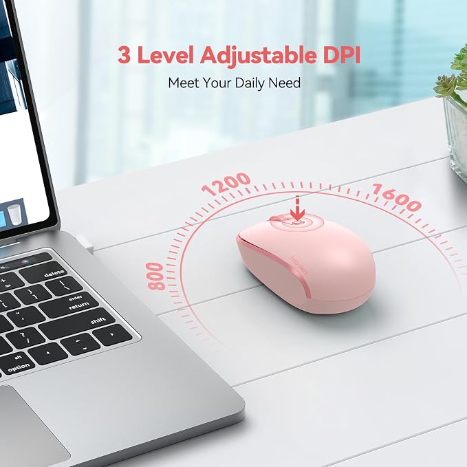 TECKNET Wireless Mouse, 2.4G Quiet Computer Mouse with USB Receiver, 4 Buttons Portable Cordless Mice for Chromebook, Laptop, PC, Mac, 800/1200/1600 DPI - Pink