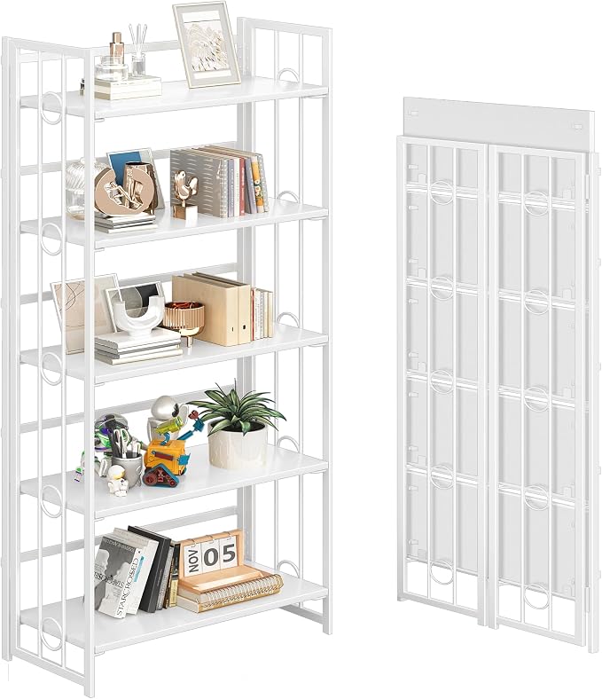 4NM No Assembly 5 Tiers Folding Bookshelf, 59.4" H Foldable Storage Shelves Vintage Bookcase Standing Racks Study Organizer Home Office - All White