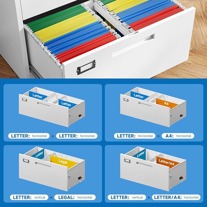 BYNSOE 4 Drawer File Cabinet with Lock Metal Lateral File Storage Cabinet Office Home Steel Lateral File Cabinet for A4 Legal/Letter Size Wide File Cabinet Locked,Assembly Required (4 Drawer, White)