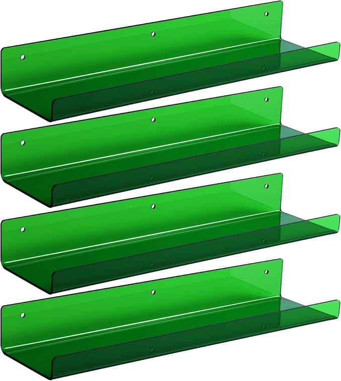 upsimples Acrylic Shelves for Wall Decor, 15" Display Shelf Perfume Organizer for Bathroom, Bedroom, Living Room, Floating Bookshelves for Kids, Clear Green, 4 Pack