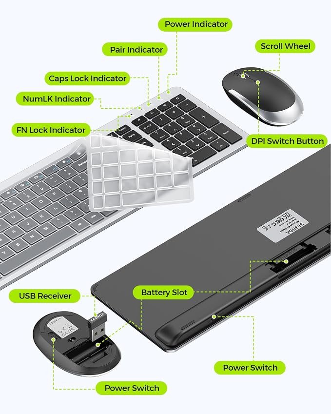 Wireless Keyboard and Mouse Combo - seenda Full Size Slim Thin Wireless Keyboard Mouse with On/Off Switch on Both Keyboard and Mouse - (Black and Silver)