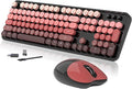 Wireless Keyboard and Mouse, 104 Round Keycaps Retro Typewriter with OTG & Brush, Full-Size Ergonomic, Ideal for Windows PC, Home, Office and College Black Pink