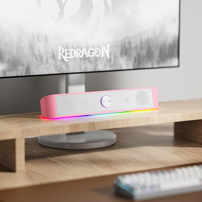 Redragon GS560 RGB Desktop Soundbar, 2.0 Channel Computer Speaker with Dynamic Lighting Bar Audio-Light Sync/Display, Touch-Control Backlit with Volume Knob, USB Powered w/ 3.5mm Cable, Pink