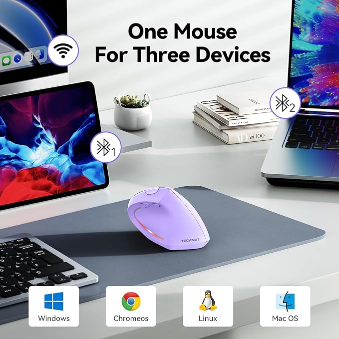 TECKNET Ergonomic Mouse, Wireless Bluetooth Vertical Mouse, 4800 DPI Optical Tracking, 6 Adjustable DPI, Quiet Clicks, 2.4GHz with USB A Receiver, 12 Months Battery, 6 Buttons, Wide Compatibility