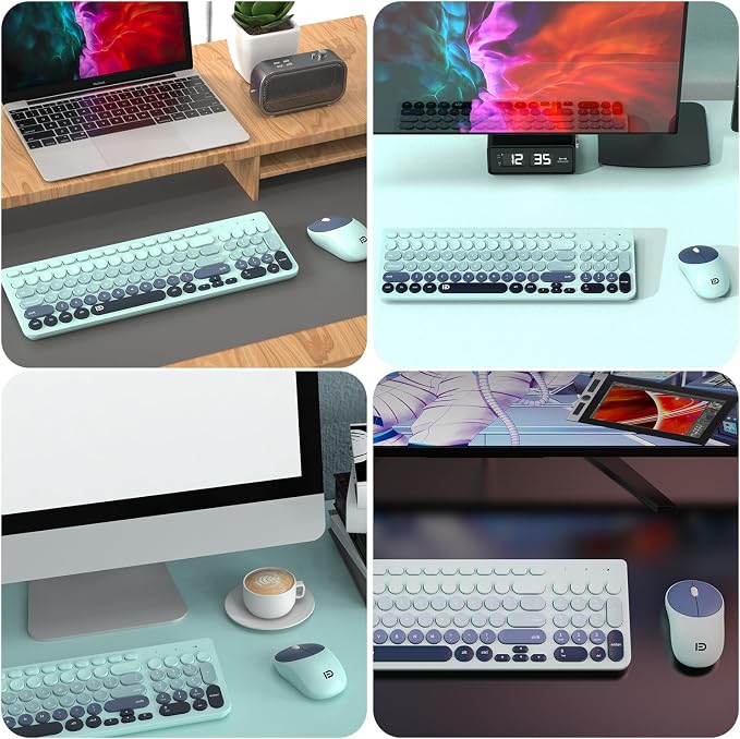 Wireless Keyboards Mouse Combos, Colorful Cute Typewriter Full-Size Retro Round Keycaps, 2.4GHz Cordless Connection Sleep Mode Office Wireless Keyboard and Mouse Set for Desktop Laptop PC Computer