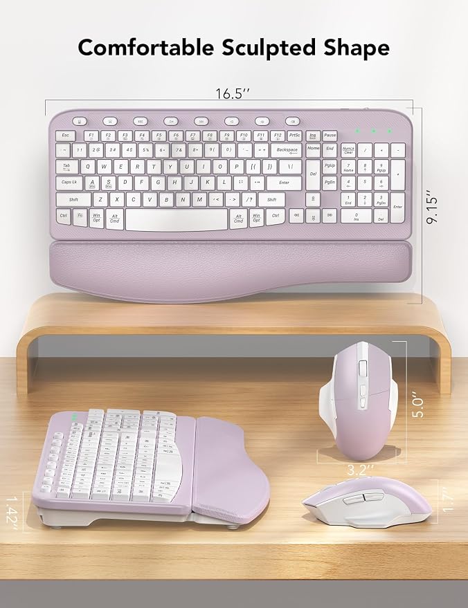 SABLUTE Wireless Keyboard and Mouse Combo, Ergonomic Wave Key, Cushioned Plam Rest, Comfortable Silent Natural Typing, 2.4G Lag-Free, Full Size Keyboards Cordless Set for Multi-OS, Windows/Mac, Purple