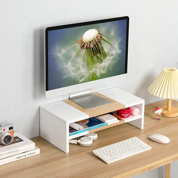 TEAMIX 2 Tiers Desktop Monitor Stand Riser 20 Inch Printer Stand with Storage Small TV Riser Laptop Wooden Desk Organizer Shelf Bookshelf Maple (White+Maple, 2 Tiers)
