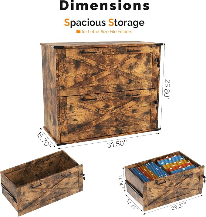 VINGLI 2 Drawer File Cabinet with Lock, Home Office Filing Organizer, for Letter Legal A4 Size File Folder Storage, Modern Farmhouse, Wood Lateral Filing Cabinet, Archivador (Rustic Brown)