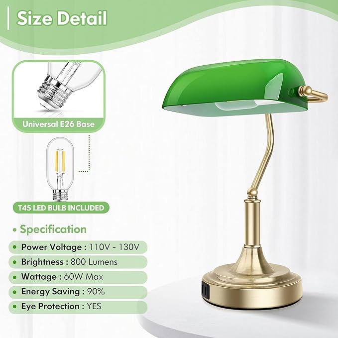 Bankers Lamp with 2 USB Ports, Touch Control Green Glass Desk Lamp with Brass Base, 3-Way Dimmable Vintage Desk Lamp for Home Office Workplace Nightstand Bedroom Library Piano, LED Bulb Included