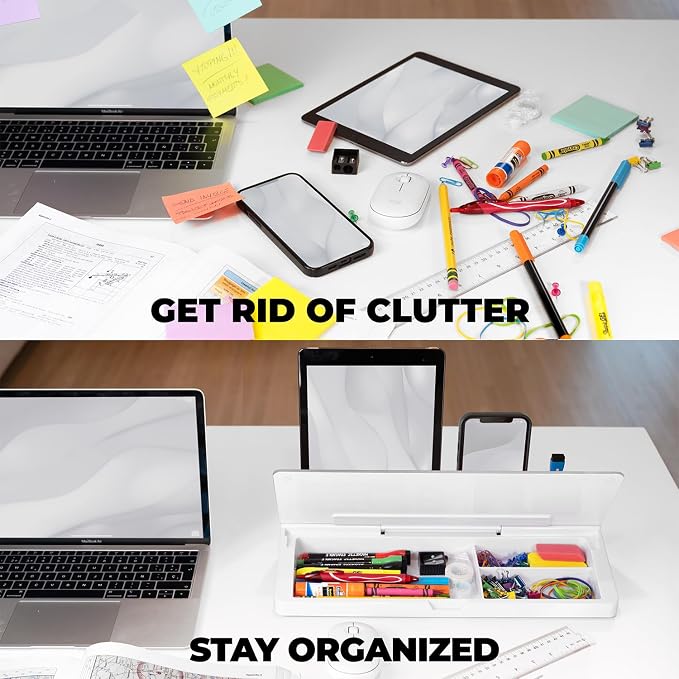 Desktop Whiteboard - Glass Dry Erase White Board - Desk Computer Buddy – Home Office & Studying Essentials - with Phone & Tablet Slot, Storage Compartment - Includes 4 Markers, 1 Eraser (2 Pack)