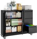 pozdeg Lockable Lateral File Cabinet with Gooseneck Handle, 3 Drawer Mobile Rolling File Cabinet with Wheels, Anti-Rust Sturdy Steel Cabinet for Home Office Workspace Organization (Black)