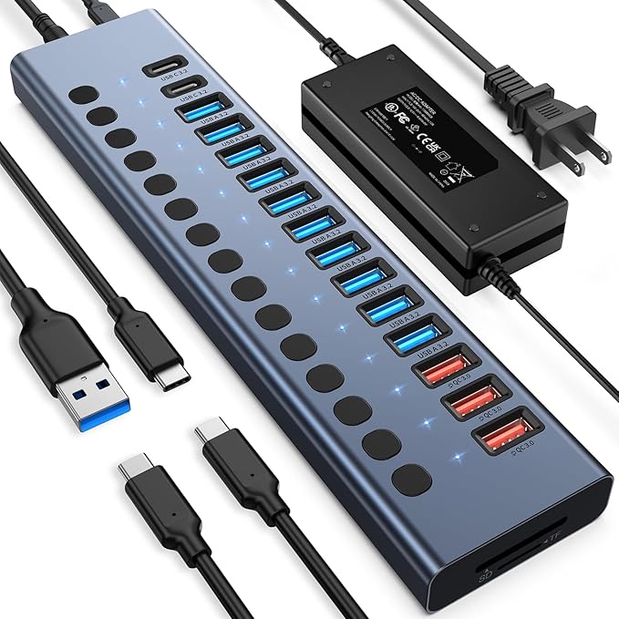 Powered USB Hub 10Gbps, 17 Ports 96W USB 3.2 Hub(10 USB-A 3.2 Ports+3 QC 24W Fast Charging Ports+2 USB-C 3.2 Ports+SD/TF Card Reader), 12V/8A Power Adapter for Laptop, PC, Computer, HDD,Flash Drive
