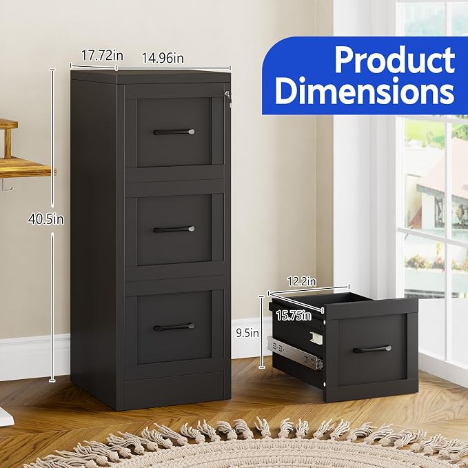 Small Metal 3-Drawer File Cabinet, Under-Desk Filing Cabinet, Black | Locking, Adjustable Hanging Rail, Fit A4, FC, Letter, Hanging File Folders for Home Office Storage Organization, 1PS