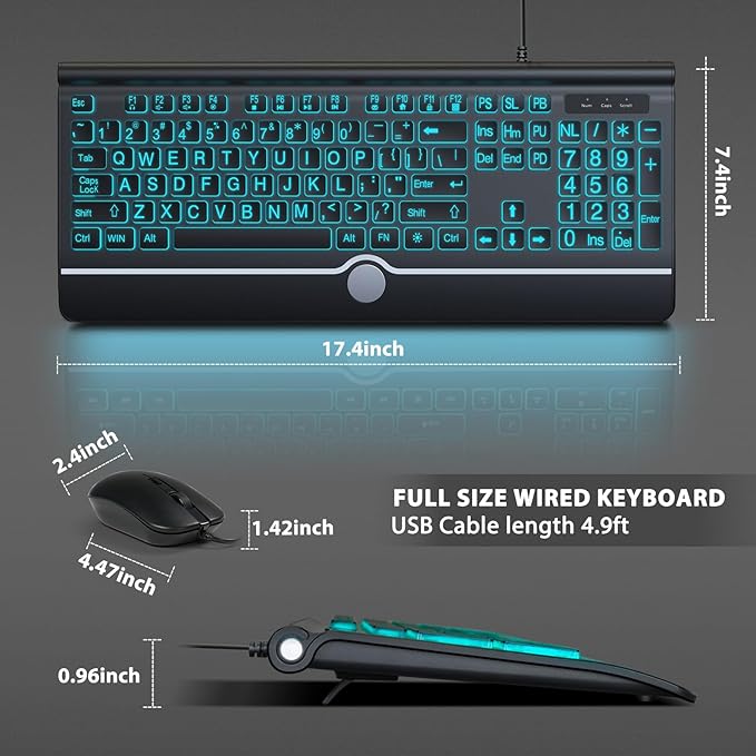 Wired Keyboard and Mouse Combo - Large Print Light Up Keyboard, USB Silent Wired Backlit Keyboard and Optical Mouse for Windows, PC, Laptop - Easy to See, USB Play and Plug