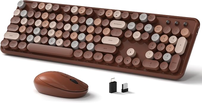 Links9+ Wireless Keyboard and Mouse, Full-Size Retro Typewriter Keyboard with Round Keycaps, 2.4GHz for Windows, Mac, Laptop, PC, Desktop (Coffee Colorful)