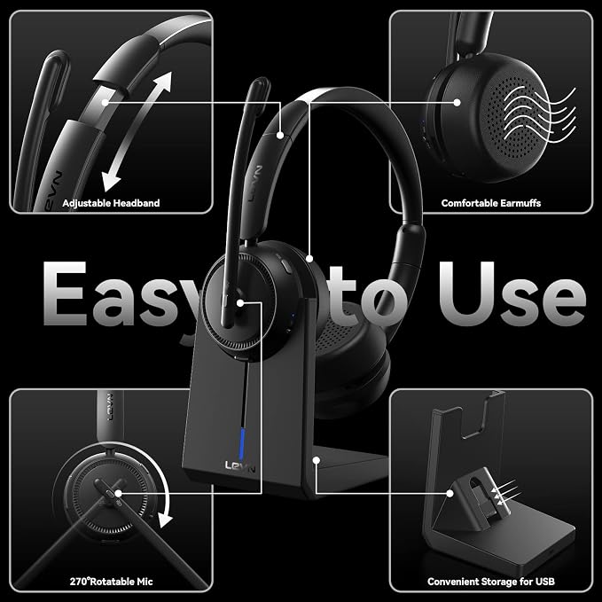 Wireless Headset with Mic for Work, Bluetooth Headset with Microphone (Noise Cancelling & Mute Button), Wireless Headphones with Mic for Work from Home/Office/PC/Call Center/Computer/Laptop/Teams/Zoom