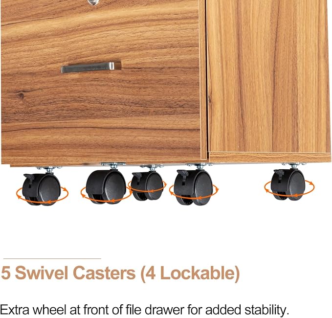 VINGLI 2 Drawer File Cabinet with Lock, Wood Grain Walnut File Cabinet for Letter Size File Folders with Tabs, Under Desk Rolling File Cabinets for Home Office, Mobile Filing Cabinet Printer Stand