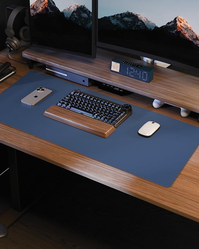 Leather Desk Pad Protector, Large Mouse Mat, Non-Slip Waterproof PU Leather Blotter, Office and Home Cover (Grey Blue, 36" x 17")