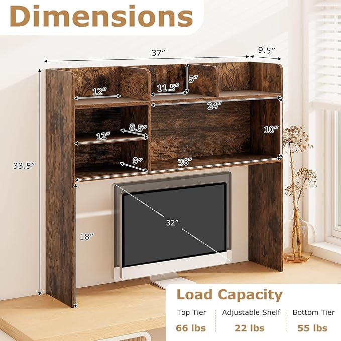 GOFLAME 6 Shelves Desktop Bookshelf, 37” Desk Hutch Dorm for Computer Monitor Up to 32”, 3-Tier Countertop Display Rack, Wood Desk Storage Organizer Shelf for Home Office, Study, Rustic Brown