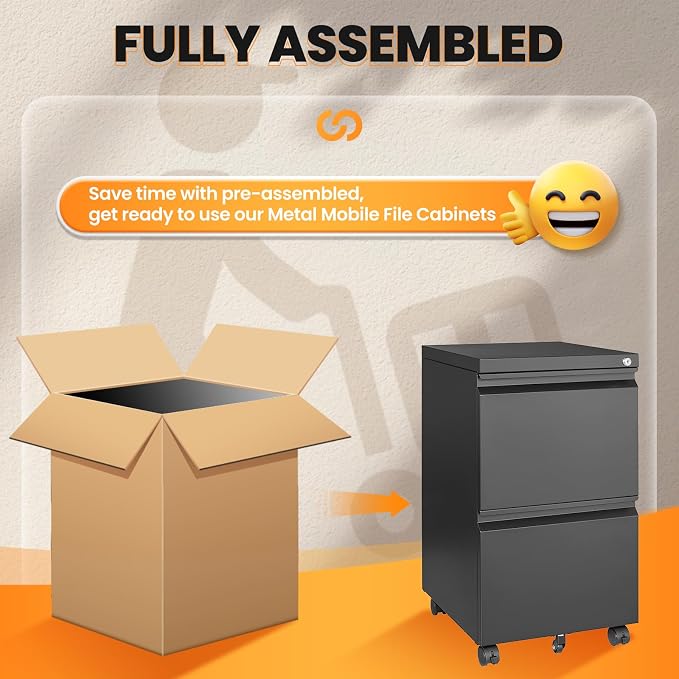 2 Drawer File Cabinet, Fully Assembled Mobile File Cabinets with Lock, Metal Rolling Filing Caninet on Wheels, Small Two Drawer Under Desk Cabnet for Letter/Legal / A4 / File Box - Black