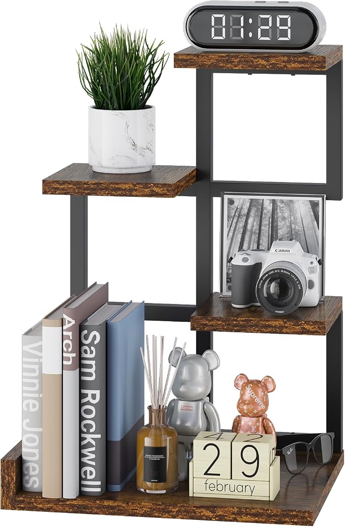 YMYNY Desktop Shelf Organizer, 4 Tier Storage Display Rack, Desk Shelf Organizer Small Bookshelf with Metal Frame for Office, Books, Plants, 12.2" x 9.45" x 17.52", Rustic Brown Black UHSR007H