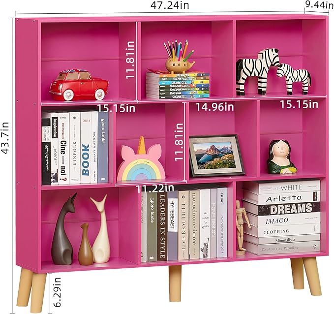 LEYAOYAO 10 Cube Bookshelf,3 Tier Modern Wide Bookcase with Legs,Mid-Century Wood Bookshelves Storage,Pink Large Book Case,Freestanding Organizer Display Shelf for Bedroom,Living Room,Office