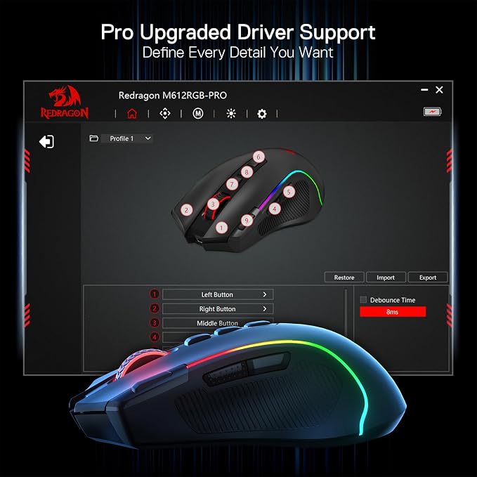 Redragon M612 PRO RGB Gaming Mouse, 8000 DPI Wired/Wireless Optical Mouse with 9 Programmable Buttons & 7 Backlit Modes, BT & 2.4G Wireless, Software Supports DIY Keybinds Rapid Fire Button